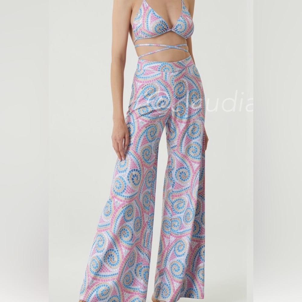 Elena Makri Mykonos 100% Silk Mosaic Swirl Wide-Leg Resort Pants